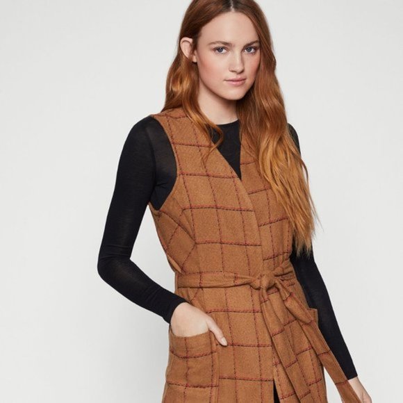 BCBGeneration Caramel Plaid Tie Vest - Picture 1 of 12